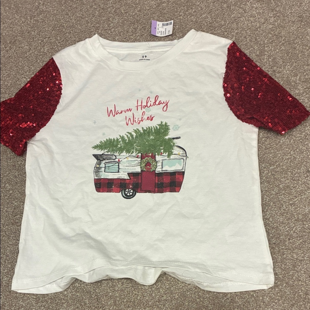 Warm Holiday Wishes White Tee with Red Sequin Short Sleeves